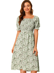 Square Neck Puff Sleeve Shirred Floral Casual Midi Dress