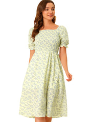 Square Neck Puff Sleeve Shirred Floral Casual Midi Dress