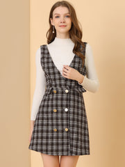 Elegant Button Front V Neck Plaid Tweed Overalls Pinafore Dress