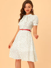 Peter Pan Collar Tie Neck Short Sleeve A-Line Belted Floral Dress