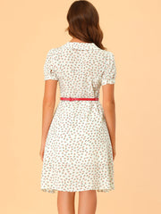 Peter Pan Collar Tie Neck Short Sleeve A-Line Belted Floral Dress
