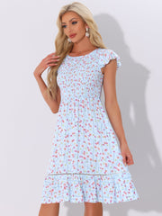Midi Smocked Cap Short Sleeve Floral Fit and Flare Dress