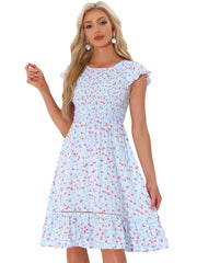 Midi Smocked Cap Short Sleeve Floral Fit and Flare Dress