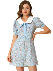 Peter Pan Collar Flowy Short Sleeve Ruffle Summer Floral Shirt Dress