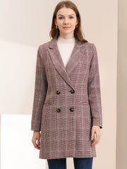 Double Breasted Notched Lapel Plaid Trench Blazer Coat