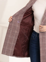 Double Breasted Notched Lapel Plaid Trench Blazer Coat