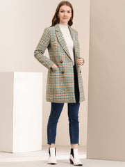 Double Breasted Notched Lapel Plaid Trench Blazer Coat