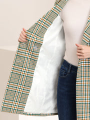 Double Breasted Notched Lapel Plaid Trench Blazer Coat
