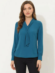 Long Sleeve Chiffon Pleated Tie Neck Office Blouse