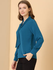 Long Sleeve Chiffon Pleated Tie Neck Office Blouse