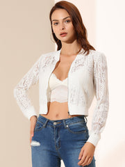 Stand Collar Zip Up Mesh Sheer Lace Crop Bomber Jacket