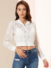 Stand Collar Zip Up Mesh Sheer Lace Crop Bomber Jacket