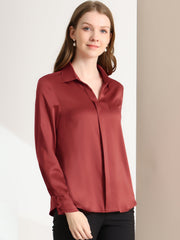 Satin V Neck Long Sleeve Silky Office Work Solid Shirt