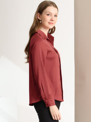 Satin V Neck Long Sleeve Silky Office Work Solid Shirt