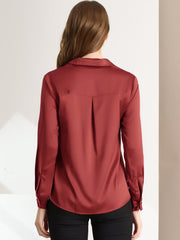 Satin V Neck Long Sleeve Silky Office Work Solid Shirt