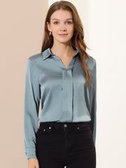 Satin V Neck Long Sleeve Silky Office Work Solid Shirt