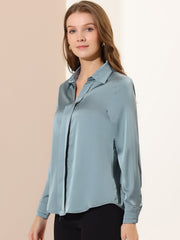 Satin V Neck Long Sleeve Silky Office Work Solid Shirt