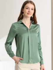 Satin V Neck Long Sleeve Silky Office Work Solid Shirt