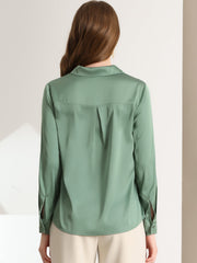 Satin V Neck Long Sleeve Silky Office Work Solid Shirt