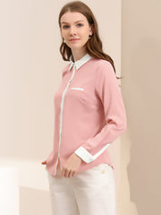 Contrast Collar Shirt Chiffon Long Sleeve Work Office Blouse