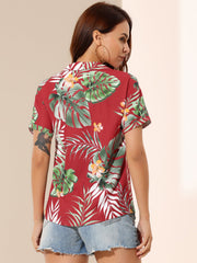 Hawaiian Tropical Leaves Floral Short Sleeve Button Down Shirt