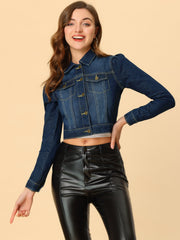 Lightweight Button Down Puff Sleeve Cropped Denim Jacket