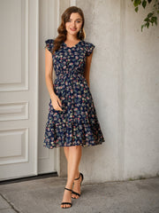Floral Flutter Sleeve V Neck Smocked Ruffle Dress