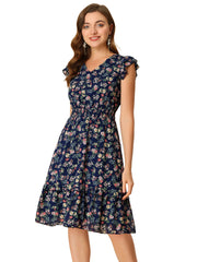 Floral Flutter Sleeve V Neck Smocked Ruffle Dress
