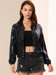 Sequin Sparkle Party Long Sleeve Zipper Bomber Jacket