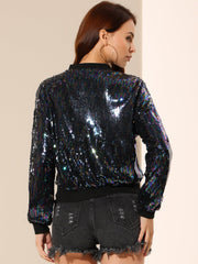 Sequin Sparkle Party Long Sleeve Zipper Bomber Jacket