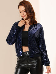 Sequin Sparkle Party Long Sleeve Zipper Bomber Jacket