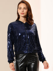 Sequin Sparkle Party Long Sleeve Zipper Bomber Jacket