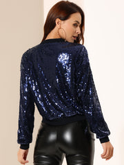 Sequin Sparkle Party Long Sleeve Zipper Bomber Jacket