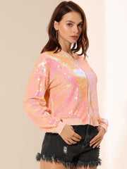 Sequin Sparkle Party Long Sleeve Zipper Bomber Jacket