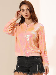 Sequin Sparkle Party Long Sleeve Zipper Bomber Jacket