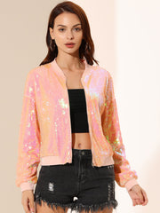Sequin Sparkle Party Long Sleeve Zipper Bomber Jacket