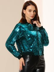 Sequin Sparkle Party Long Sleeve Zipper Bomber Jacket