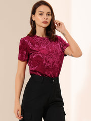 Velvet Crew Neck Short Sleeve Casual T-Shirt Top