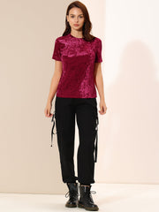 Velvet Crew Neck Short Sleeve Casual T-Shirt Top
