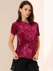 Velvet Crew Neck Short Sleeve Casual T-Shirt Top