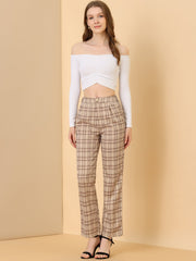 Plaid Elastic Waist Casual Work Office Long Pants