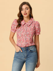 Puff Sleeve Shirt Point Collar Top Button Down Floral Blouse