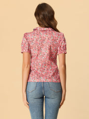 Puff Sleeve Shirt Point Collar Top Button Down Floral Blouse