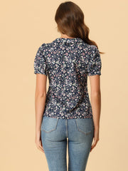 Puff Sleeve Shirt Point Collar Top Button Down Floral Blouse