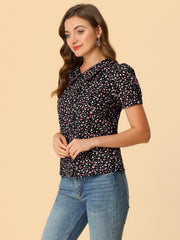 Puff Sleeve Shirt Point Collar Top Button Down Floral Blouse