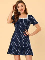 Summer Sweetheart Neck Ruffled Hem Puff Short Sleeve Polka Dots Dress