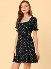 Summer Sweetheart Neck Ruffled Hem Puff Short Sleeve Polka Dots Dress