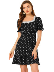 Summer Sweetheart Neck Ruffled Hem Puff Short Sleeve Polka Dots Dress