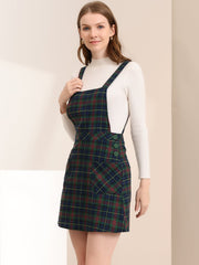 Plaid Tartan Button Decor A-Line Pinafore Overall Dress