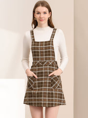 Plaid Tartan Button Decor A-Line Pinafore Overall Dress